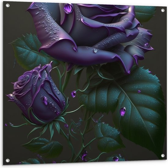 Tuinposter – Paarse Roos met Groene Bladeren - 100x100 cm Foto op Tuinposter (wanddecoratie voor buiten en binnen)