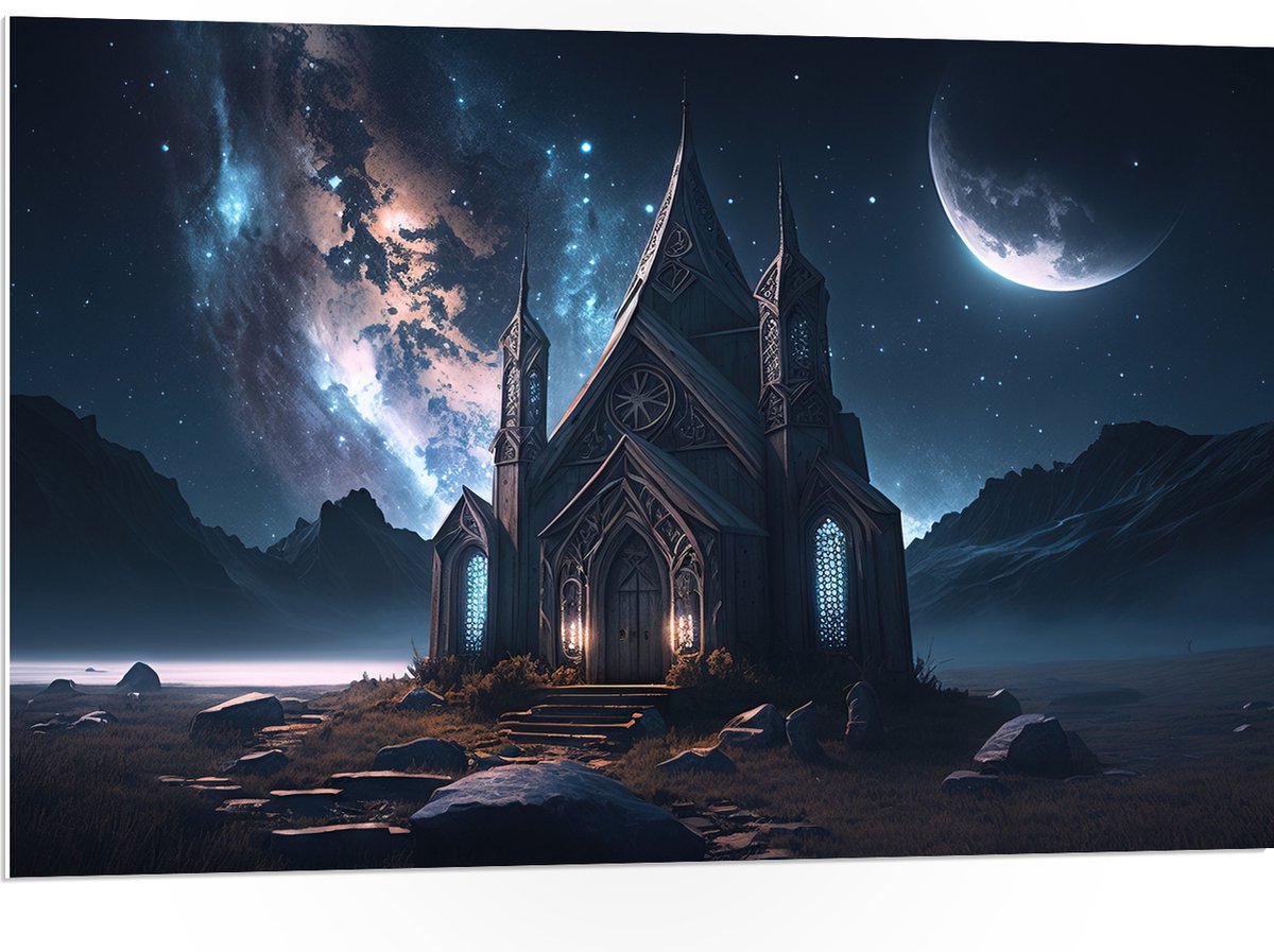 PVC Schuimplaat- Maan boven Sprookjes Kasteel - 105x70 cm Foto op PVC Schuimplaat