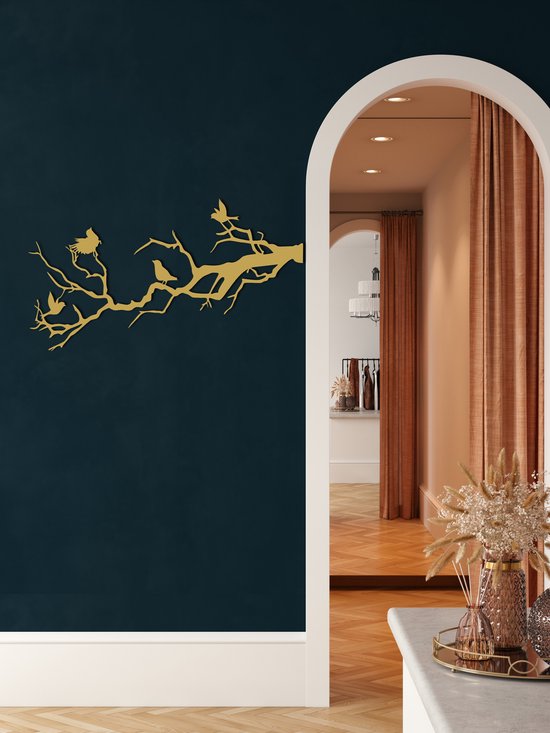 Wanddecoratie | Vogels op Tak / Birds on Branch| Metal - Wall Art | Muurdecoratie | Woonkamer | Buiten Decor |Gouden| 100x40cm