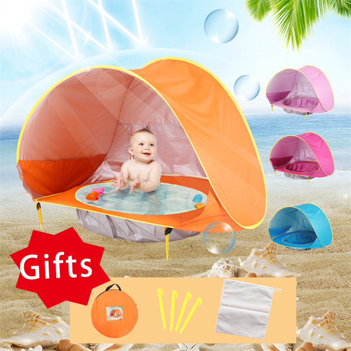 Baby Strandtent - Zonbescherming voor Baby - Afkoeling - Kleur: Oranje - Zon Bescherming Strand - Mini Zwembad met Zonbescherming - Baby Zwembad inclusief Zonnekap - Strandtentje voor Baby - UV Bescherming - Newborn - Compact & Gebruiksvriendelijk - Battoom