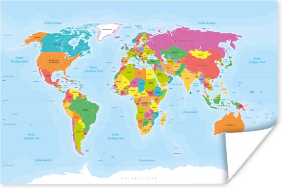 Carte du monde colorée avec noms de pays en français, sur fond bleu clair.