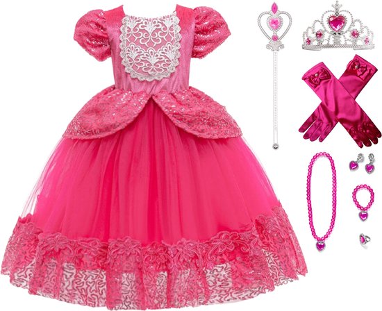 Prinsessenjurk meisje - Verkleedjurk - maat 146/152 (150) + Kroon - Toverstaf - Juwelen - Handschoenen - Verjaardag - Kleed - Cadeau - Speelgoed