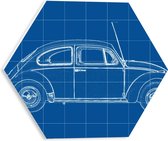 PVC Schuimplaat Hexagon - Blauwdruk van Oude Auto - 30x26.1 cm Foto op Hexagon (Met Ophangsysteem)
