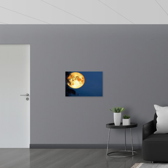 PVC Schuimplaat- Maan met Oranje Gloed achter Silhouet van Hoge Boom - 75x50 cm Foto op PVC Schuimplaat
