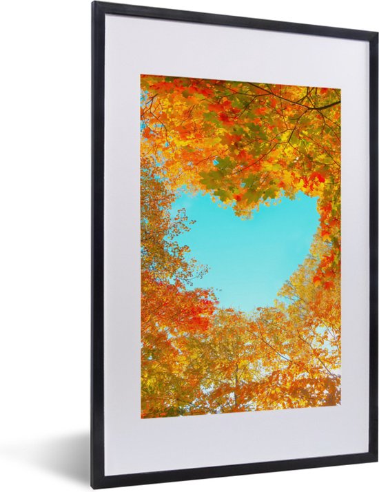 Poster - Fotolijst - Bladeren - Hart - Natuur - Bomen - Herfst - Kader - 40x60 cm - Poster bos - Poster natuur - Decoratie woonkamer - Posterlijst - Frame poster