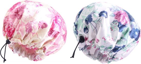 Foto: 2 stuks douchemuts dames groot douche cap roze paarse bloemen waterproof