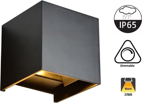 LED Wandlamp Cube 2x3 Watt | 2700K Warm Wit | 2x 270 Lumen Dimbaar | IP65 | Zwart