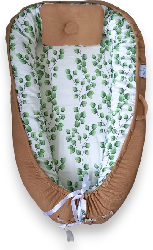 Rosey's - Babynestje en Hoofdkussen - Green leaves - kraamcadeau - babybed - natuurlijk