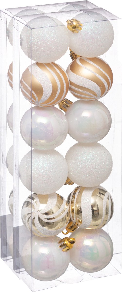 Atmosphera kerstballen 36x -parelmoer wit/goud - 4 cm - kunststof