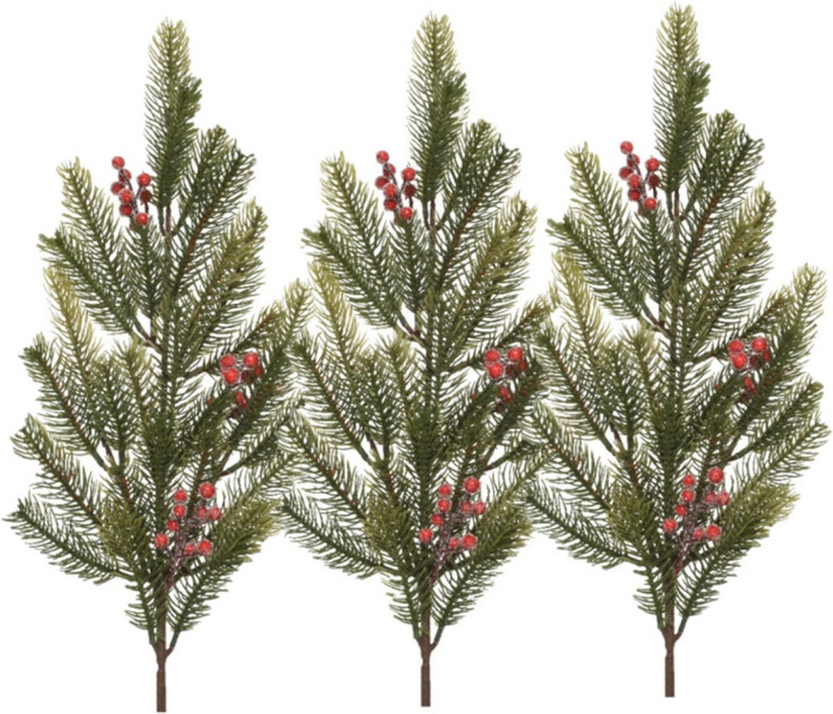 Decoris Kersttakken/dennentakken - 3x - groen met bessen - 77 cm