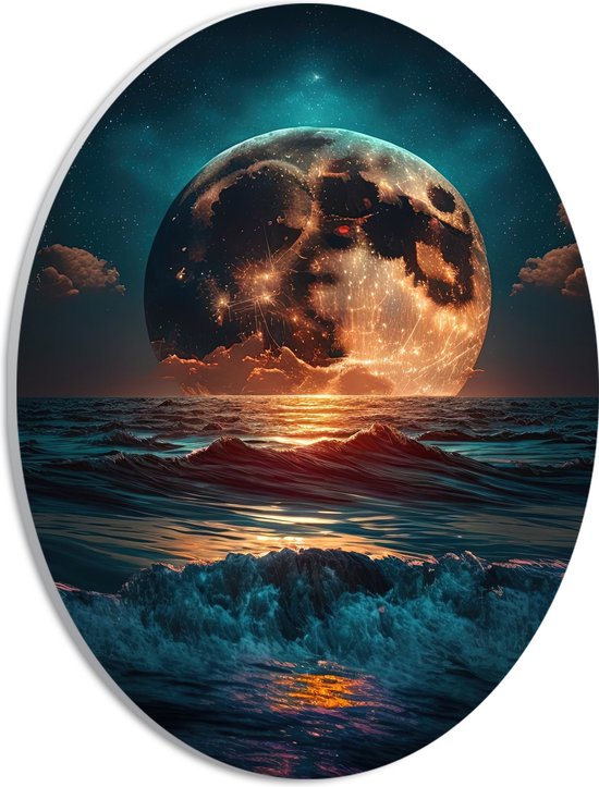 PVC Schuimplaat Ovaal - Heldere Maan Dobberend op het Wateroppervlak - 21x28 cm Foto op Ovaal (Met Ophangsysteem)