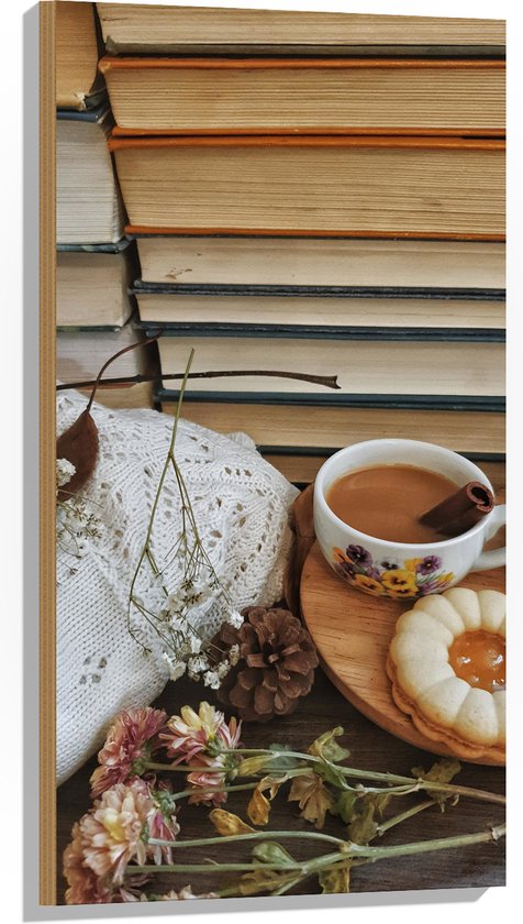 Hout - Bakje Koffie tussen de Bloemenblaadjes met Boekenachtergrond - 50x100 cm - 9 mm dik - Foto op Hout (Met Ophangsysteem)