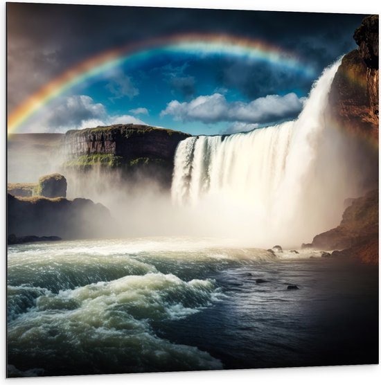Dibond - Grote Heldere Regenboog boven Meer bij Watervallen - 100x100 cm Foto op Aluminium (Wanddecoratie van metaal)