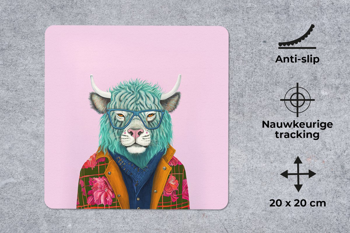 Muismat 20x20 cm - Mousepad Hoorns - Dier - Buffel - Bloemen - Koe - Muismatten