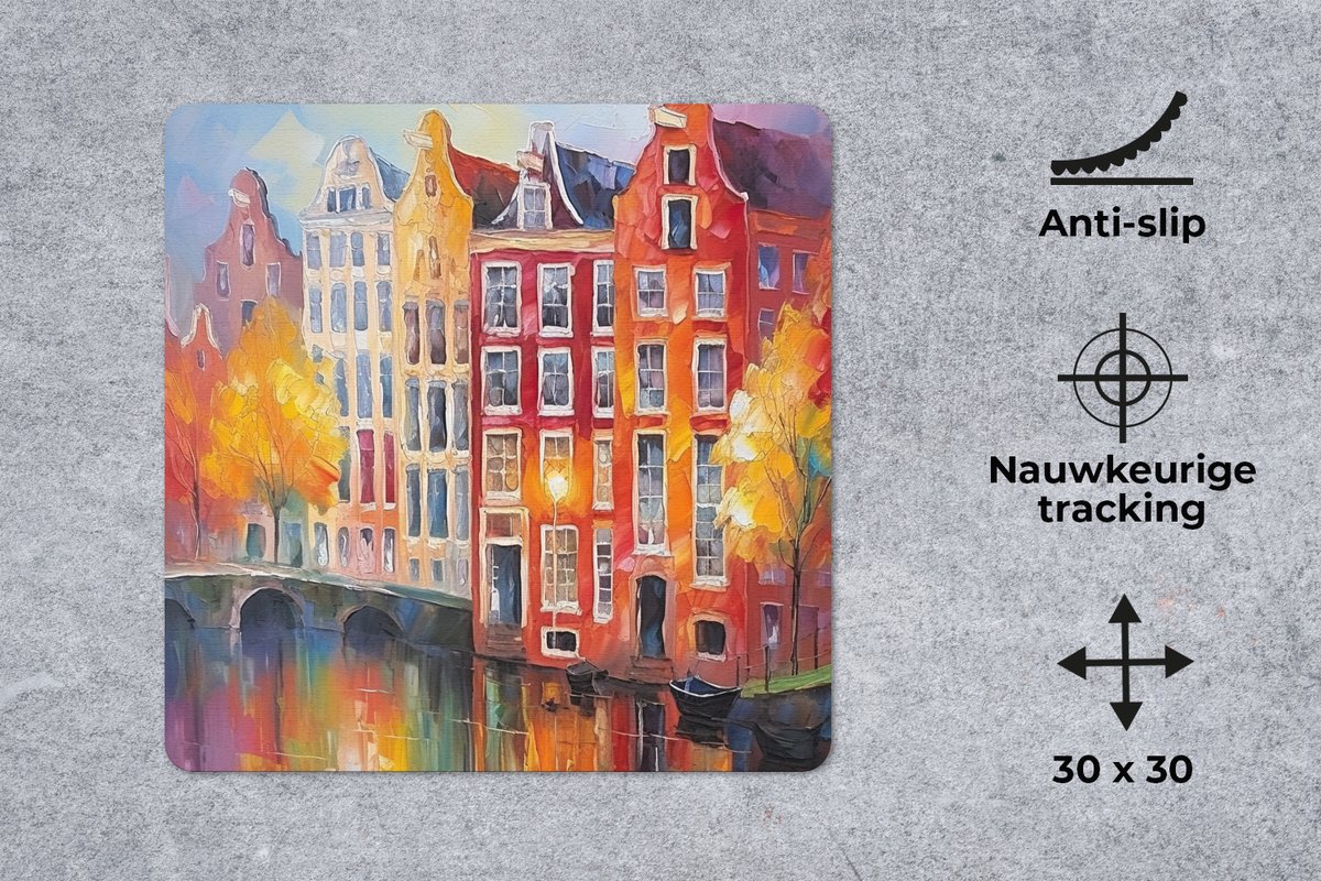 Muismat 30x30 cm - Mousepad Grachtenpanden - Kunst - Schilderij - Amsterdam - Muismatten