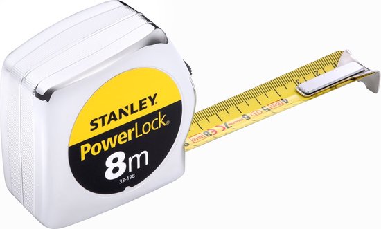 Stanley PowerLock rolmaat 8m met uitgetrokken geel meetlint.