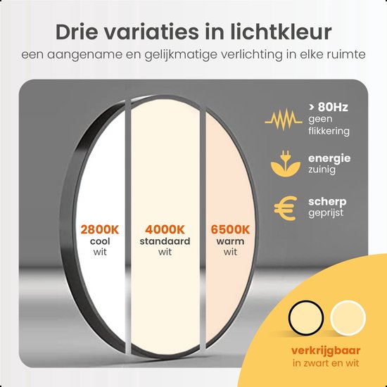 Goliving plafondlamp in cool wit (2800K), standaard wit (4000K) en warm wit (6500K). Verkrijgbaar in zwart en wit.
