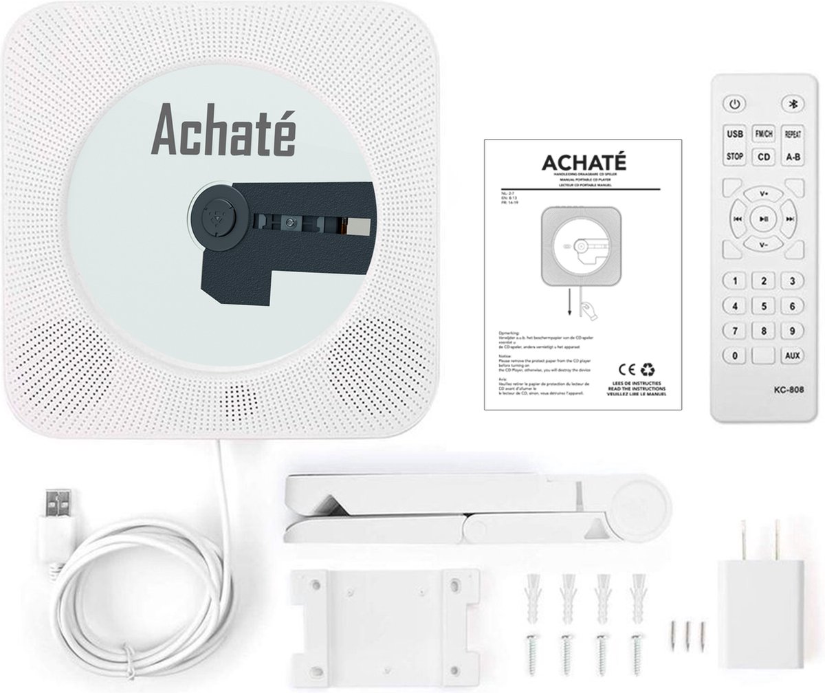 Achaté Lecteur CD Portable - Bluetooth - USB - Radio FM - AUX - Fixation  Murale - Blanc | bol.com