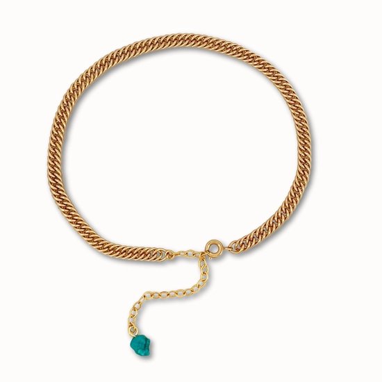 ByNouck Jewelry - Enkelbandje Small Curb Turquoise Steentje - Sieraden - Goudkleurig - Vrouwen Enkelsieraad