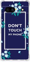 Shockproof Case Google Pixel 7A Smartphonehoesje met transparante rand Flowers Blue Don't Touch My Phone