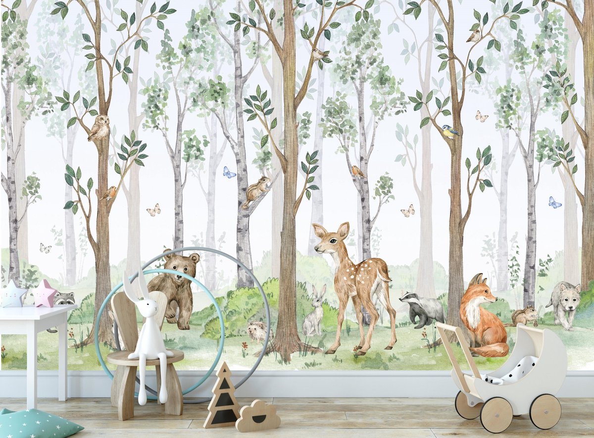 Designed4Kids - Behang kinderkamer bosdieren - Wandvullend - bosdieren - dieren in het bos - 420 breed x 260 hoog