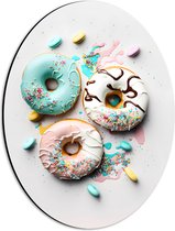 Dibond Ovaal - Donuts met Pastelkleurig Glazuur en Sprinkles - 30x40 cm Foto op Ovaal (Met Ophangsysteem)