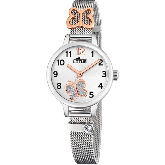 Lotus kinderhorloge met zilverkleurige milanese band, roségouden vlinderbedel, witte wijzerplaat met vlinder van steentjes.