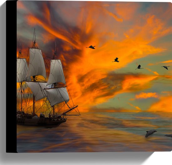 Canvas - Schilderij van Vogels boven Zeilschip met Dolfijnen en Kleurrijke Lucht - 30x30 cm Foto op Canvas Schilderij (Wanddecoratie op Canvas)