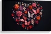 Canvas - Hart van Verschillende Bloemen en Vlinders tegen Zwarte Achtergrond - 60x40 cm Foto op Canvas Schilderij (Wanddecoratie op Canvas)