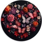 PVC Schuimplaat Muurcirkel - Hart van Verschillende Bloemen en Vlinders tegen Zwarte Achtergrond - 70x70 cm Foto op Muurcirkel (met ophangsysteem)