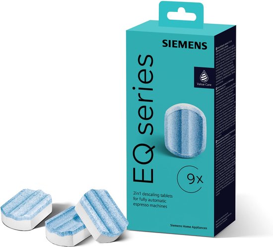Een doos met 9 Siemens EQ series ontkalkingstabletten. Drie tabletten liggen voor de doos.