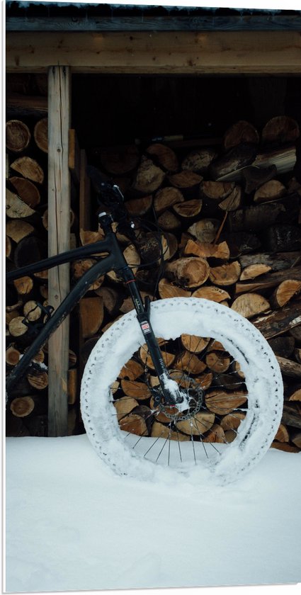 PVC Schuimplaat - Zwarte Fiets Geparkeerd voor Houtstapel in de Sneeuw - 50x100 cm Foto op PVC Schuimplaat (Met Ophangsysteem)