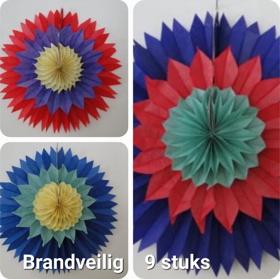 9 stuks BRANDVEILIGE Decoratie Waaiers, Div Kleuren, Verjaardag, Themafeest, Carnaval.