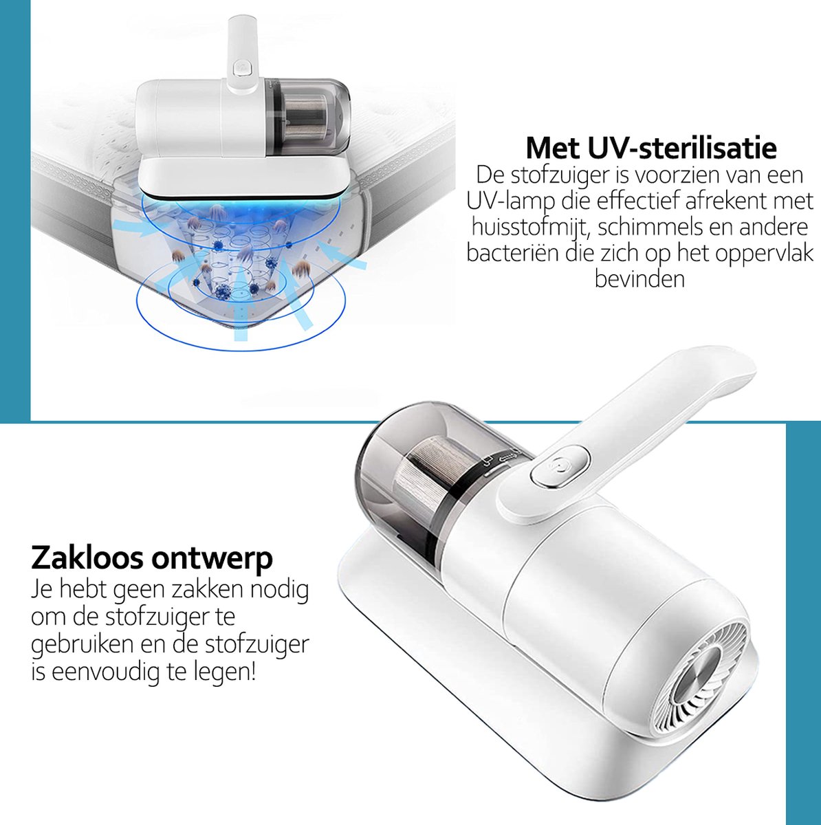 Mamibot Uv-bedreiniger met mijtstofzuiger, draadloze handmatrasreiniger, kiemdodende lamp van type U met krachtige zuigvacuüm, voor dierenharen voor bedden, kussens, banken en tapijten