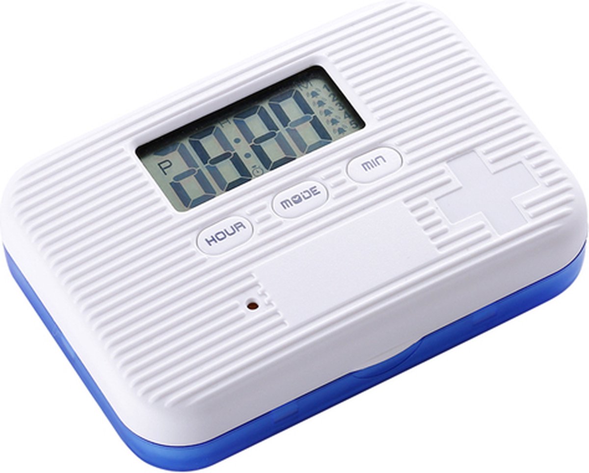 Pillbox - Medicijndoosje -medicijnalarm - 6 medicijnvakjes, - 5 dagelijkse tril en geluid alarmen - blauwe onderkant