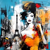 JJ-Art (Aluminium) 60x60 | Vrouw in Parijs, Eiffeltoren, abstract, graffiti stijl, kleurrijk, kunst, woonkamer - slaapkamer | Frankrijk, vierkant, Herman Brood, oranje, rood, blauw, modern | Foto-Schilderij print op Dibond (metaal wanddecoratie)