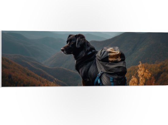 PVC Schuimplaat - Reizende Hond met Backpack op Top van de Berg - 90x30 cm Foto op PVC Schuimplaat (Met Ophangsysteem)