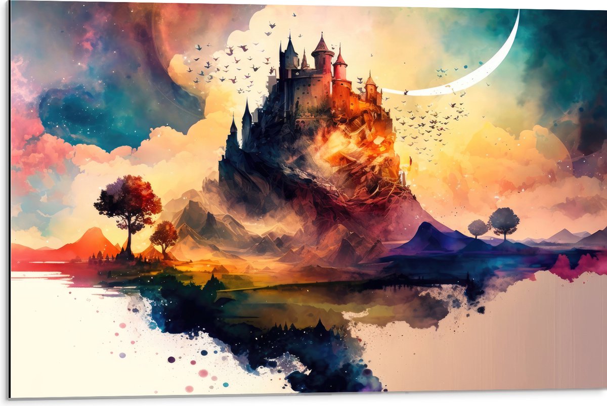 Dibond - Aquerelverf Tekening van Kasteel op Berg - 75x50 cm Foto op Aluminium (Wanddecoratie van metaal)