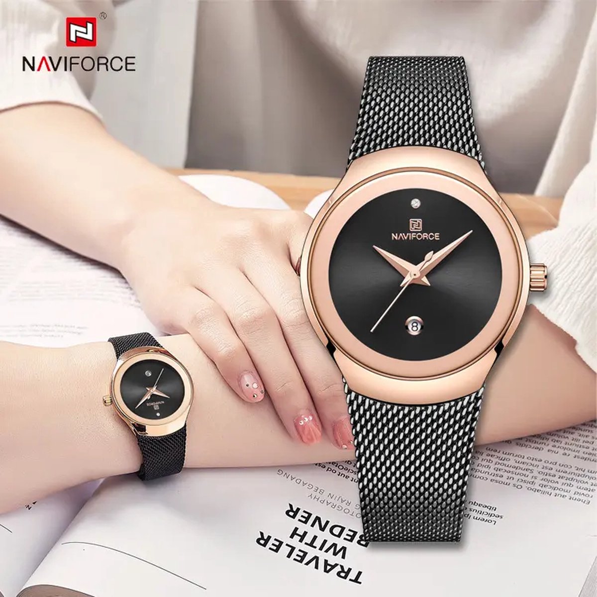 NAVIFORCE horloge met zwarte metalen polsband, zwarte wijzerplaat en rose gouden horlogekast voor dames met stijl ( model 5004 RGB )