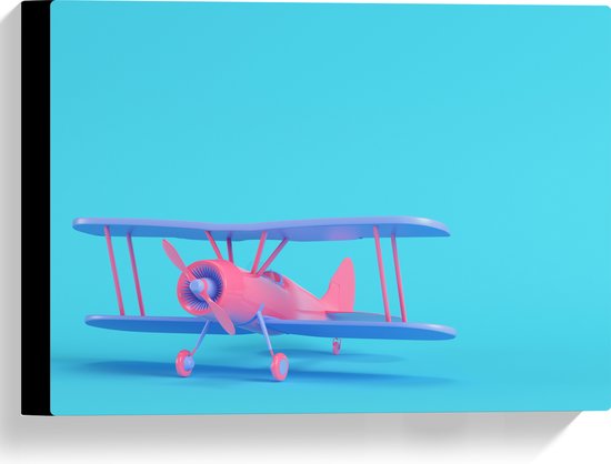 Canvas - Roze met Paars Zweef Vliegtuig op Blauwe Achtergrond - 40x30 cm Foto op Canvas Schilderij (Wanddecoratie op Canvas)