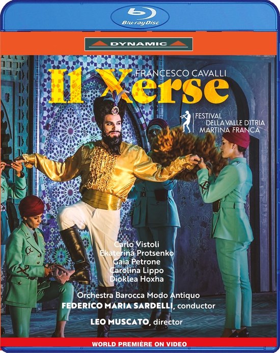 Blu-ray hoes voor de opera Il Xerse van Francesco Cavalli, met een afbeelding van een man in een gouden outfit en soldaten in groene uniformen.