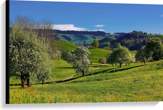 Canvas - Bergen - Heuvel - Landschap - Gras - Bomen - 90x60 cm Foto op Canvas Schilderij (Wanddecoratie op Canvas)