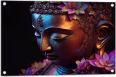 Tuinposter – Religieuze Boeddha met Roze Lelie Bloemen - 75x50 cm Foto op Tuinposter (wanddecoratie voor buiten en binnen)