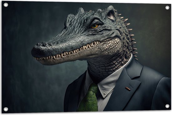 Tuinposter – Portret van Alligator in Zakelijk Pak met Groene Stropdas - 90x60 cm Foto op Tuinposter (wanddecoratie voor buiten en binnen)