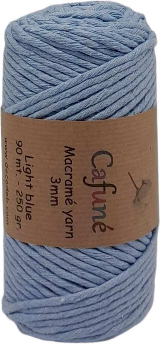 Cafuné Macrame Garen-3mm-90m-250g-Licht Blauw-Uitkambaar-Gerecycled Katoen- Enkel Gedraaid
