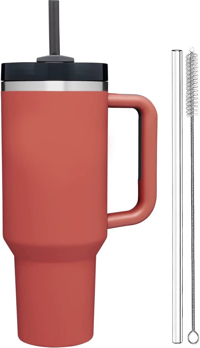 Drinkfles 1.2L met Handvat en Rietje - Waterfles - Drinkbeker - Volwassenen - Tumbler - Thermosbeker - Travel Mug - Koffie To Go - Koffiebeker - Geschikt voor in de auto, camping, fitness - Thermoskan - Bidon - Moederdag Cadeautje