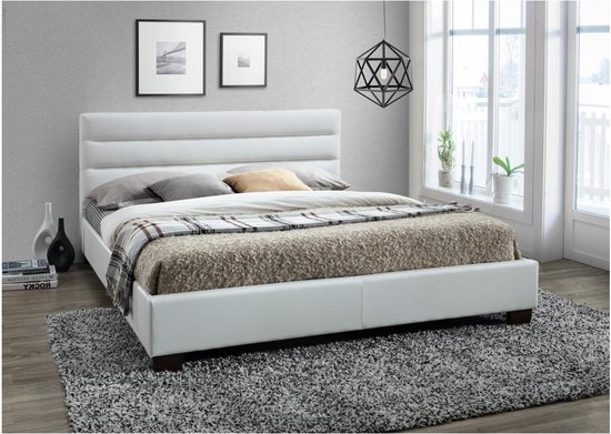 Bed 140 x 190 cm - Kunstleer - Wit + matras - FAUSTIN L 145 cm x H 89 cm x D 205.5 cm