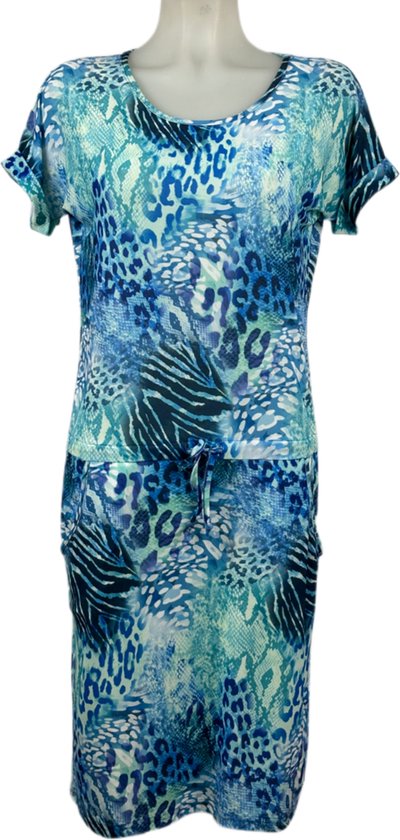 Angelle Milan – Travelkleding voor dames – Zeeblauw/groene Strik Jurk – Ademend – Kreukherstellend – Duurzame jurk - In 4 maten - Maat XL