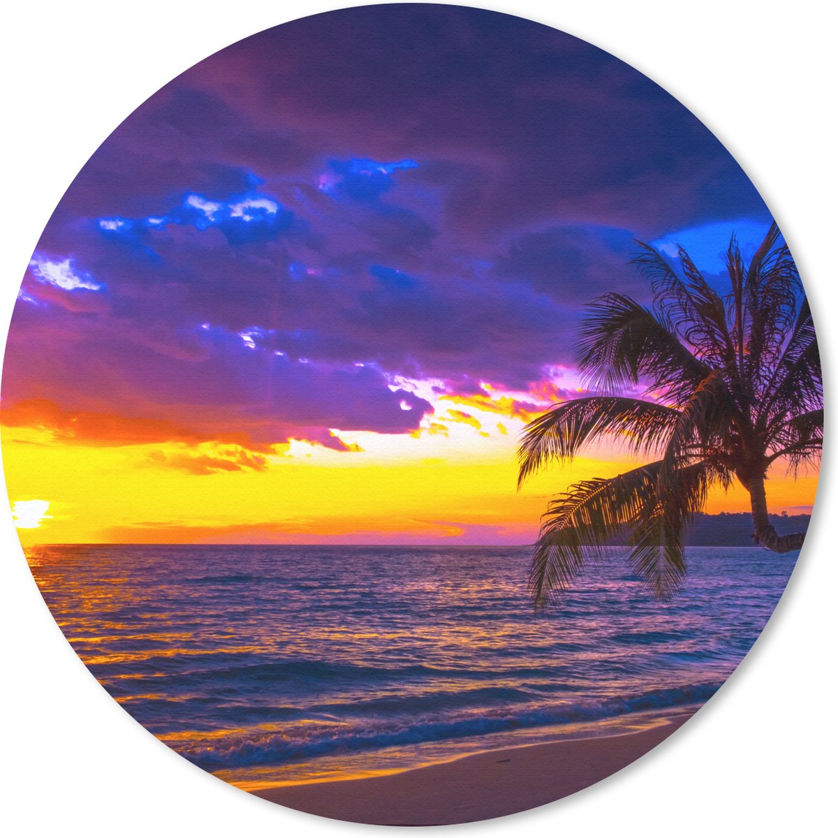 Muismat rond 30x30 cm - Mousepad Palmboom - Paars - Zonsondergang - Strand - Zee - Ronde muismatten