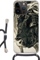 Geschikt voorApple Iphone 14 Pro - Crossbody Case - Schotse Hooglander - Sneeuw - Horens - Siliconen - Crossbody - Backcover met Koord - Telefoonhoesje met koord - Hoesje met touw